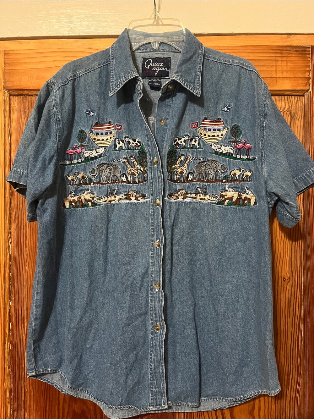 Quizz Again Noah’s Ark Denim Short-Sleeve Embroidered Button-Down Shirt